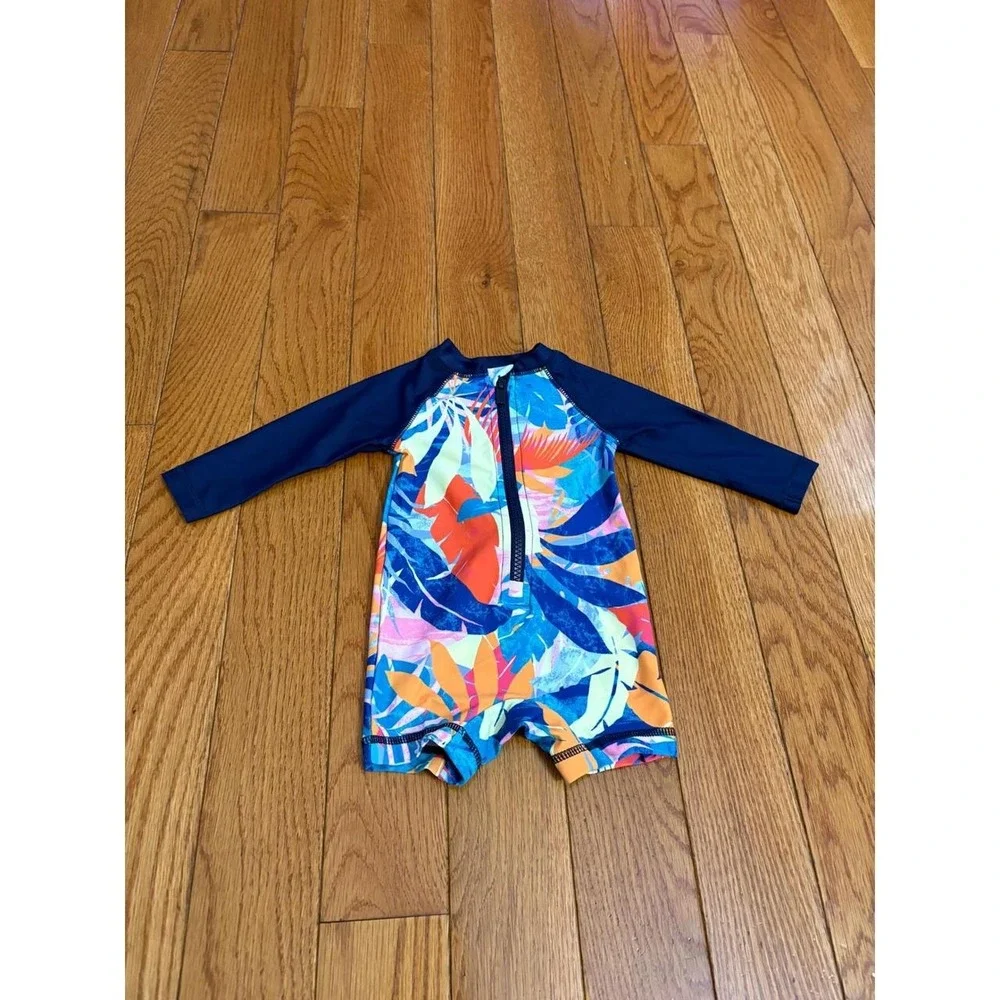 Old Navy Baby 3-6M Tropical Palm Leaf Long Sleeve Rash Guard One Piece Swimsuit